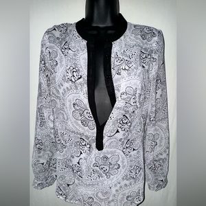 Black & Gray Mesh See Through Button Down Blouse with Paisley Pattern
